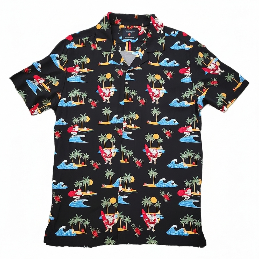 Men's Hawaiian Print Santa Christmas Beach Shirt, Size Medium, NWT